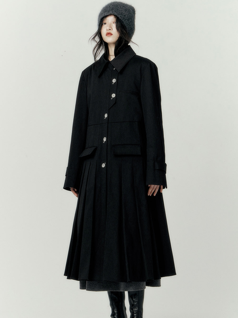 PLEATS WOOL FLARE LONG-COAT