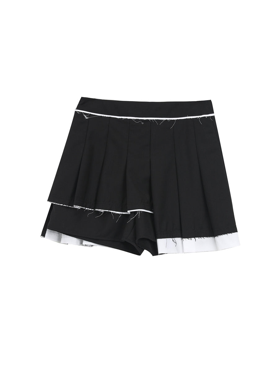 College-style Pleats Cut-off Irregular Wrap-skirt