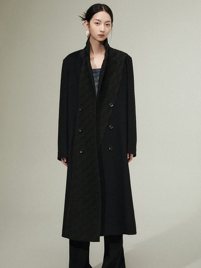 Geometric Texture Stitching Double-breasted Long Woolen Coat