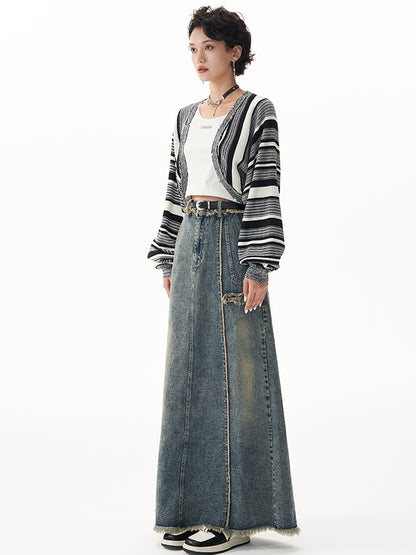 Retro Raw Edge Slit Washed Denim Skirt