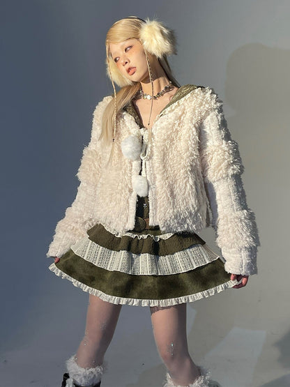 College Wind Plus Fluffy Jacket &amp; Skirt