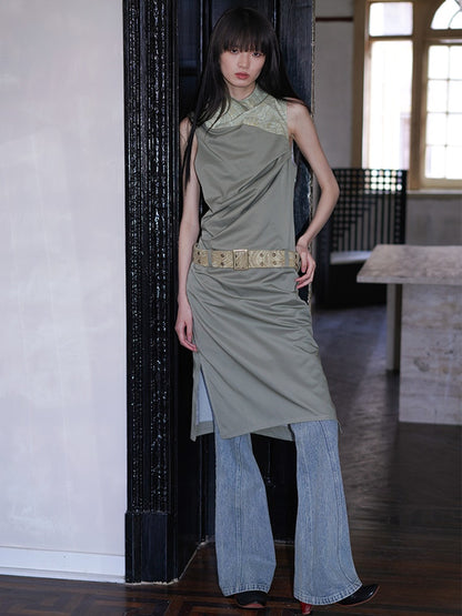 Panel Gathered Mid-Length Turtleneck Tank One-Piece