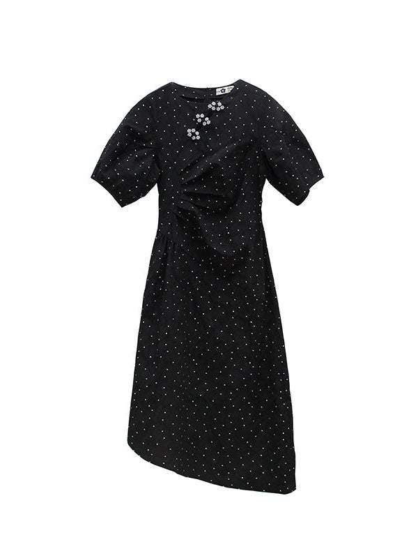 Bead Flower Jacquard Polka Dot Irregular Dress