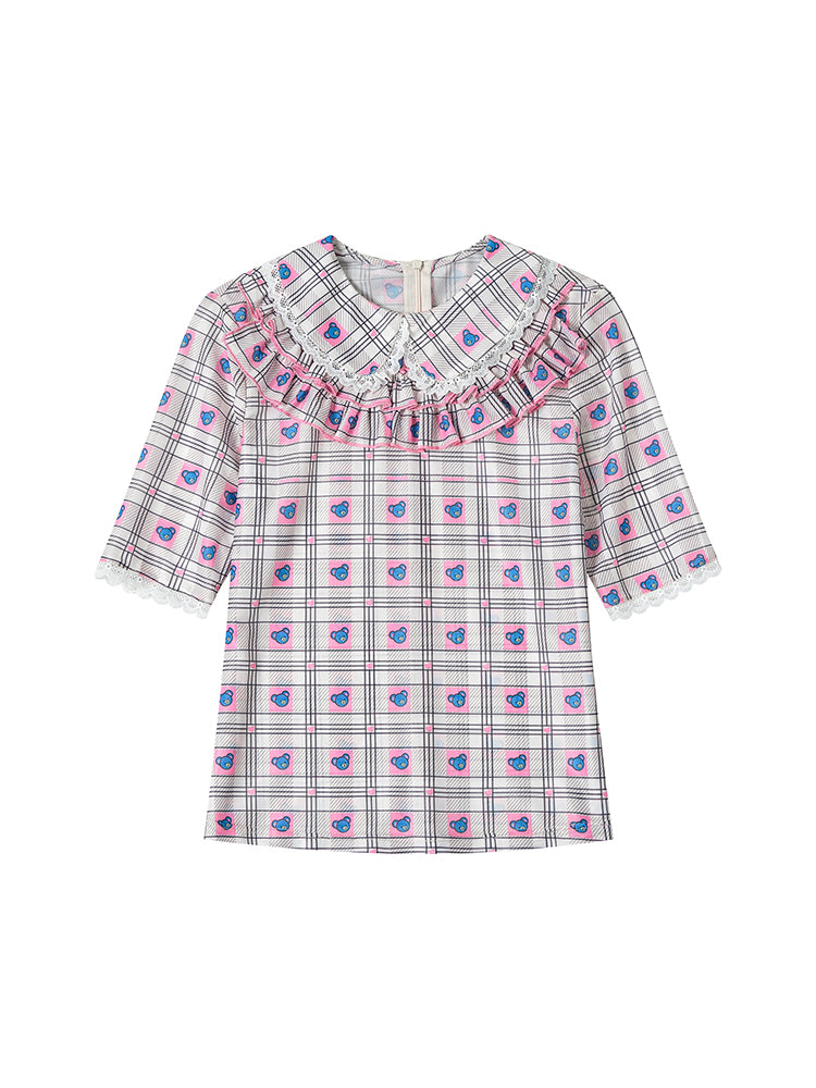 Plaid Bear Cartoon Doll Collar Lace Shirt