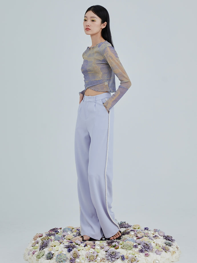 Pearl Embellished High Waist Wide Leg Pants