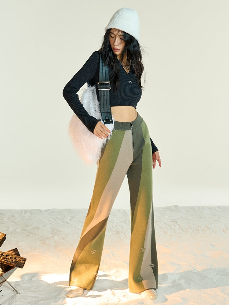 Multi-Color Knitted Wide-LEG Straight-LEG PANTS