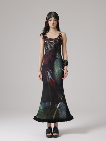 CHINESE STYLE PRINT FISHTAIL ADJUSTMENT SUSPENDER Dress