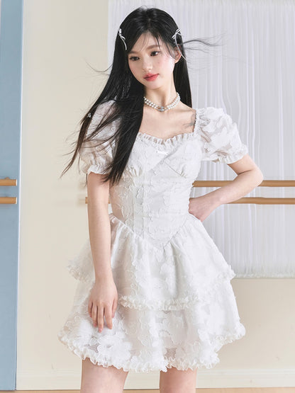 French Puff Sleeve JACQUARD FLUFFY DRESS