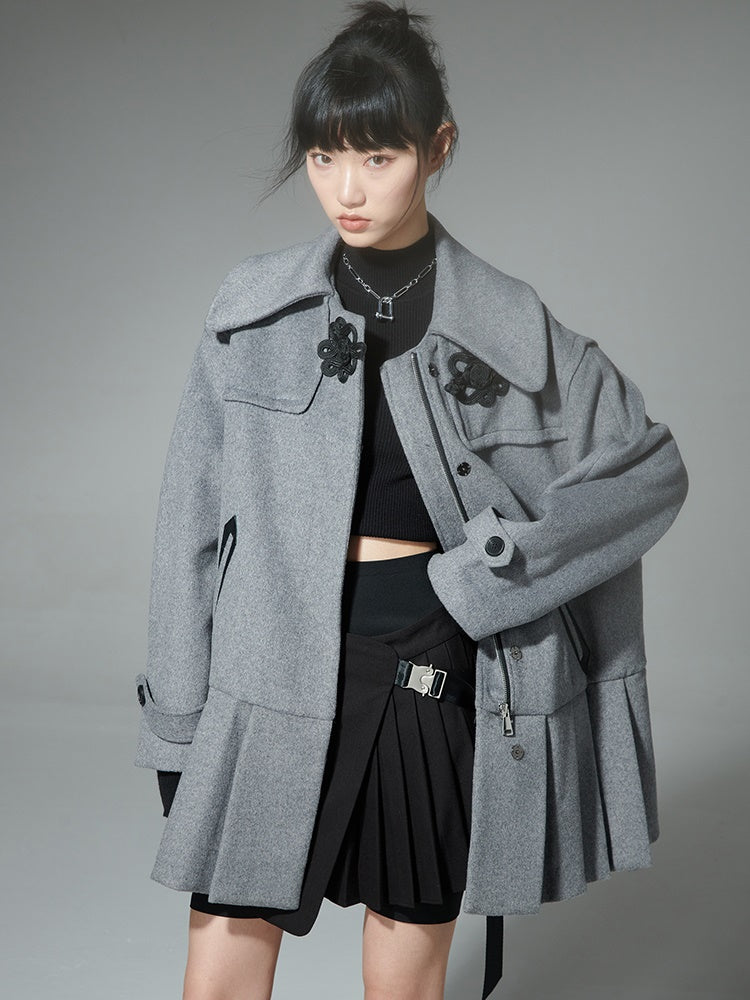 New Chinese Style Buckle Pleated Wool Coat