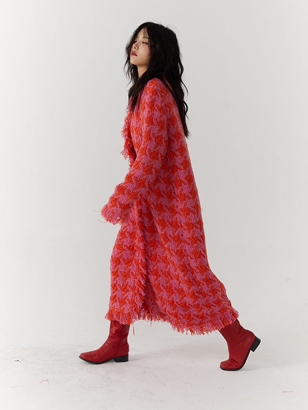 Houndstooth Wool Long Coat