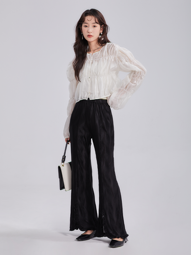 Wave Pleated Slit Elastic Mopping Pants