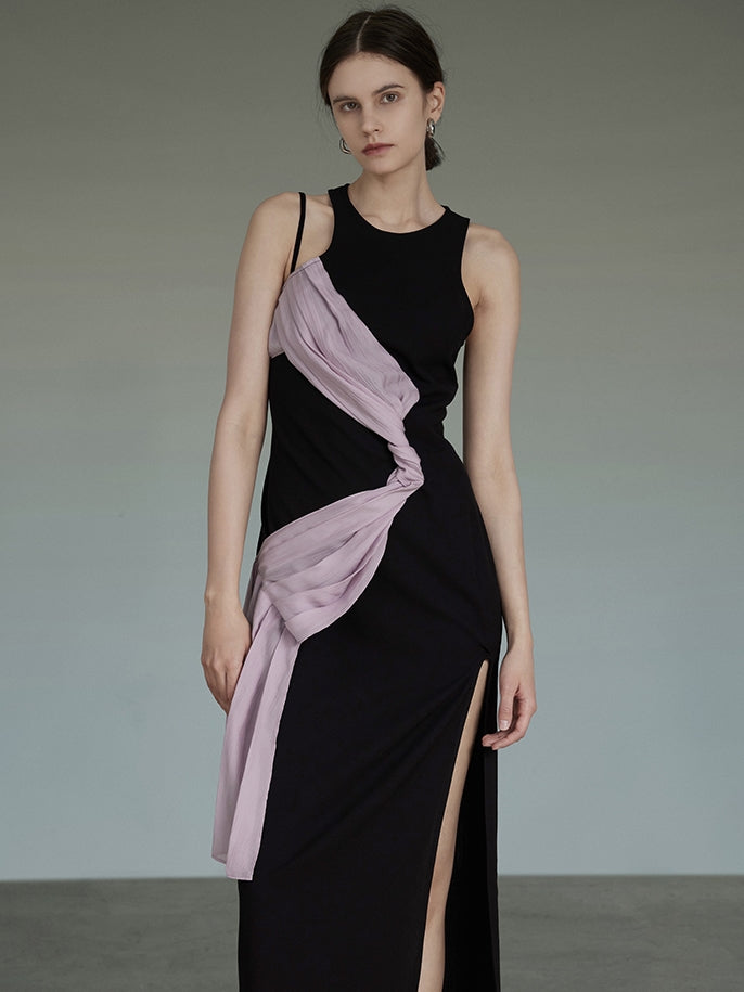 Stitching Sleeveless Slit Long Dress