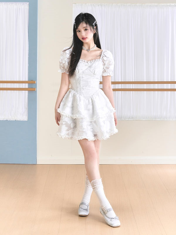 French Puff Sleeve JACQUARD FLUFFY DRESS