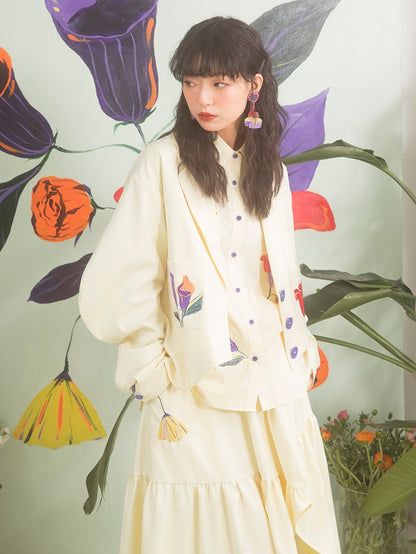 Flower Embroidery Arc-Sleeed Suit Jacket