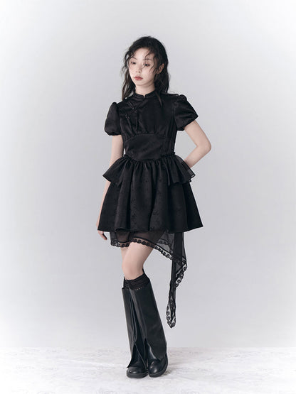 New Chinese-style Buckle Asymmetric Fluffy Dress