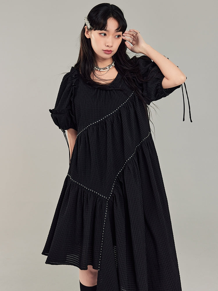 Puff Sleeve Irregular Black Dress