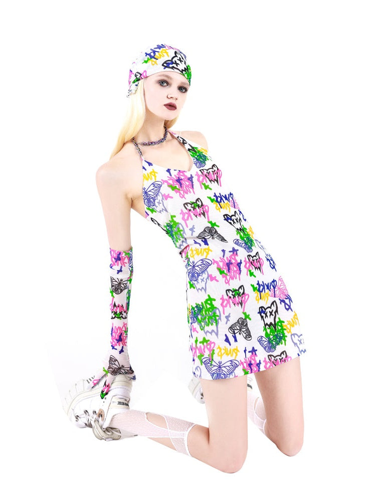 Graffiti Suspenders asymmetrical Necklace Slim Dress with Gloves