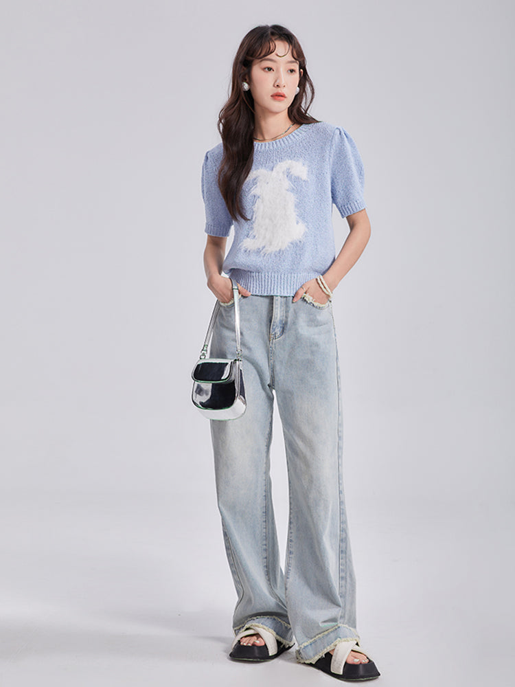 Raw Edge Design Loose Wide-Leg Jeans