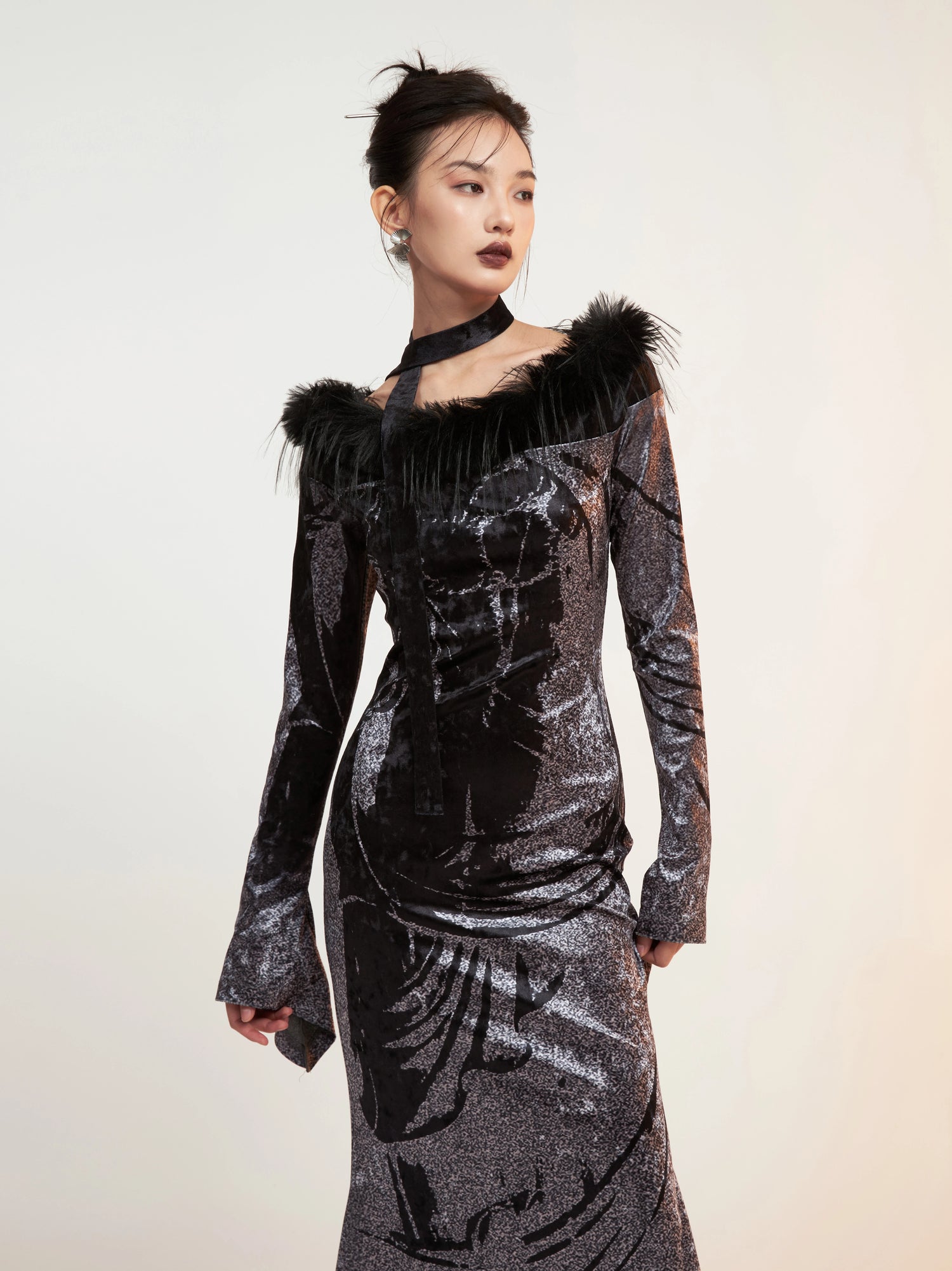 Velvet Printed Imitation Fur Stitch Slim Long Dress