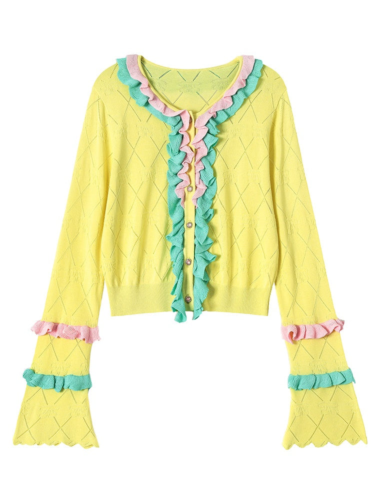 Ruffled Knitted V-Neck Cardigan