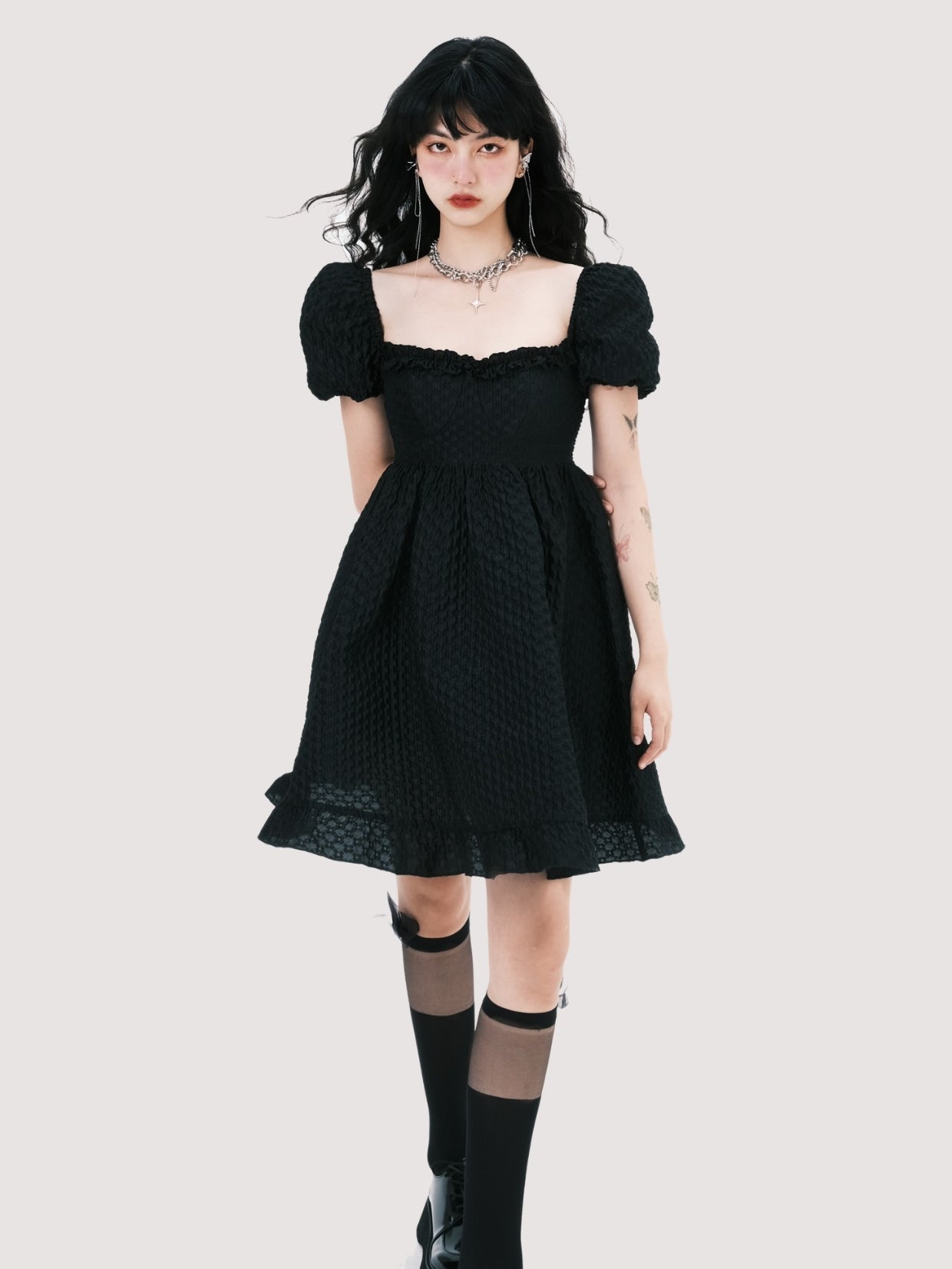 JACQUARD SQUARE NECK PUFF SLEEVE DRESS