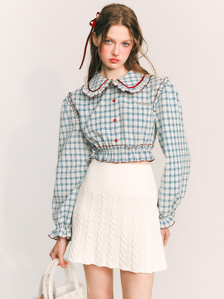 Plaid Doll Collar Puff Sleeve Shirt