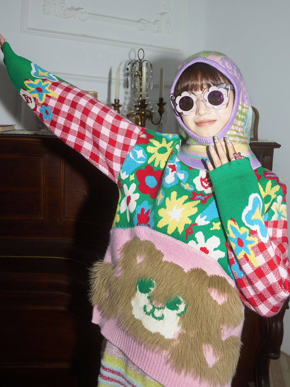 Plaid Plush Bear Flower Knitting Sweater &amp; Skirt