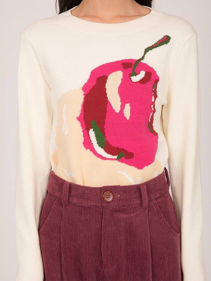 CREAM CHERRY PATTERN ROUND NECK SWEATER