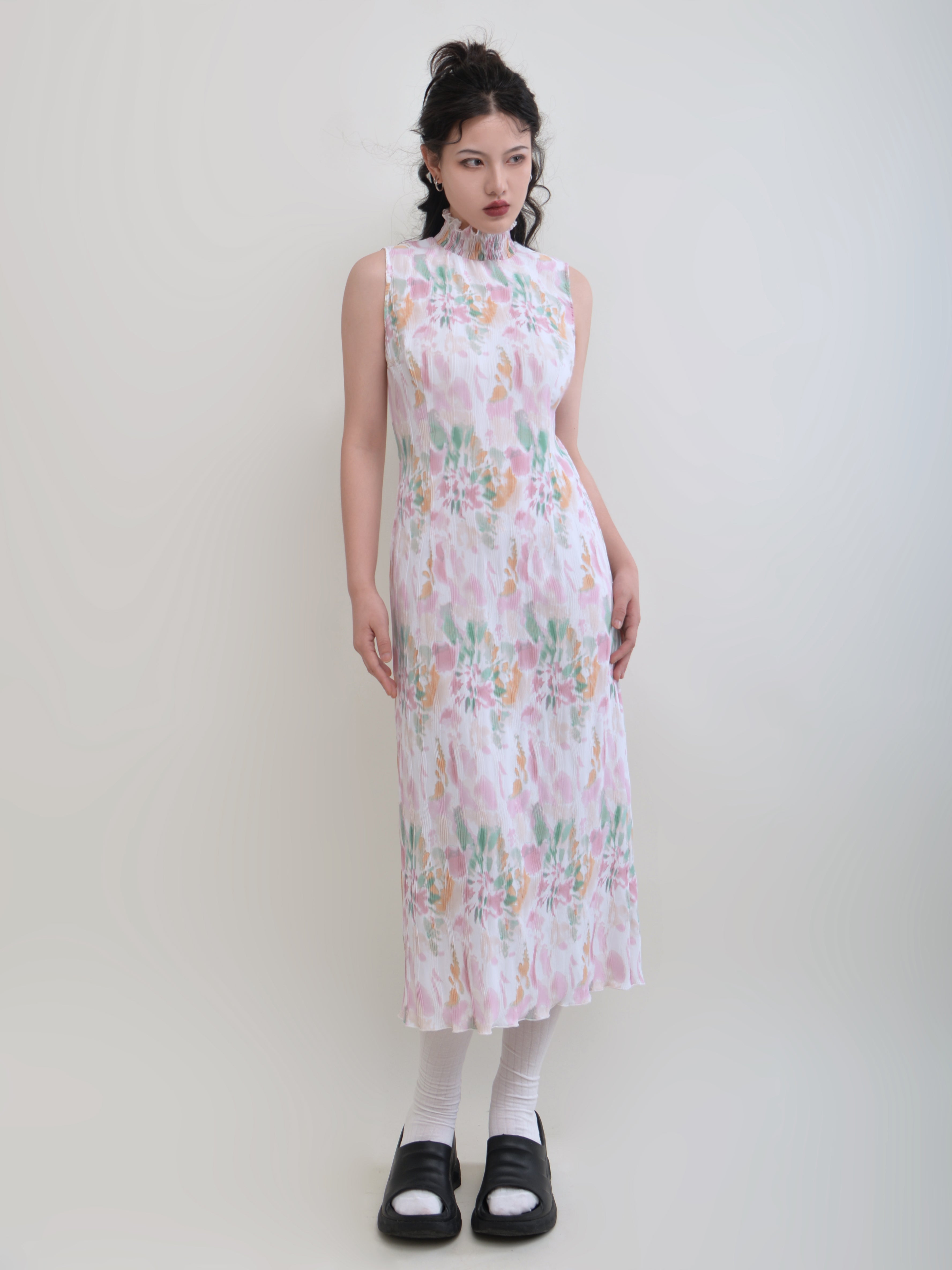 Printing Retro Flower Edge Sleeveless Dress