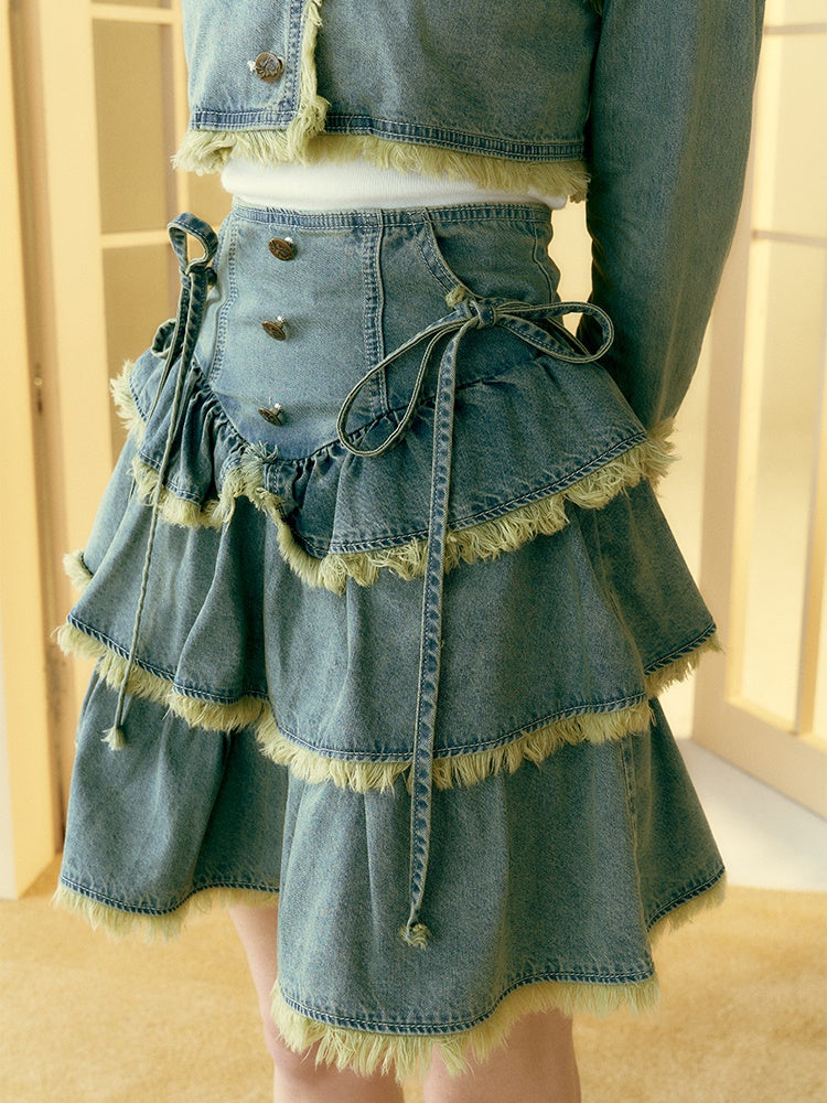 Raw Edge Denim Cake Skirt &amp; Short Jacket