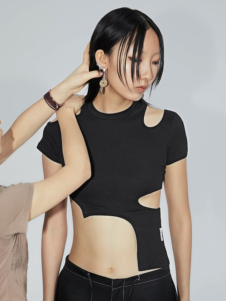 Asymmetric Deconstructed Hollow Out Tight Stretch T-Shirt