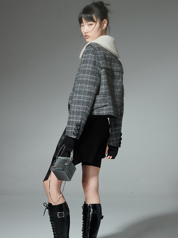 Grid-shaped Asymmetric Double-sided Short Jacket