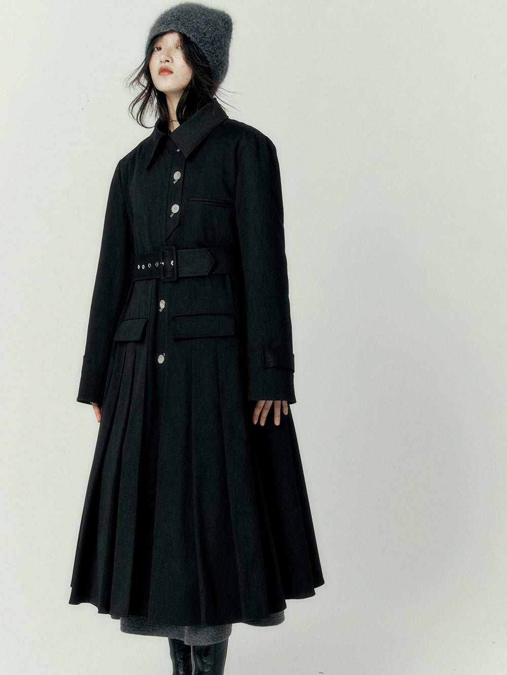 Pleats Wool Flare Long-coat