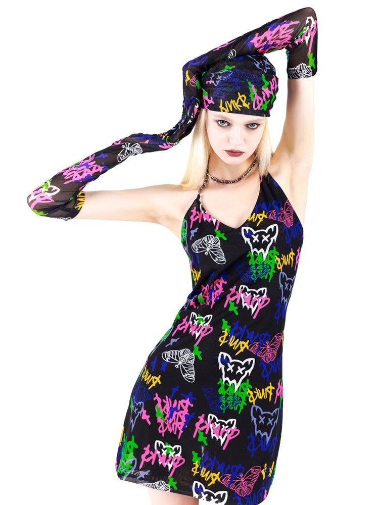 Graffiti Suspenders Asymmetrical Necklace Slim Dress With Gloves