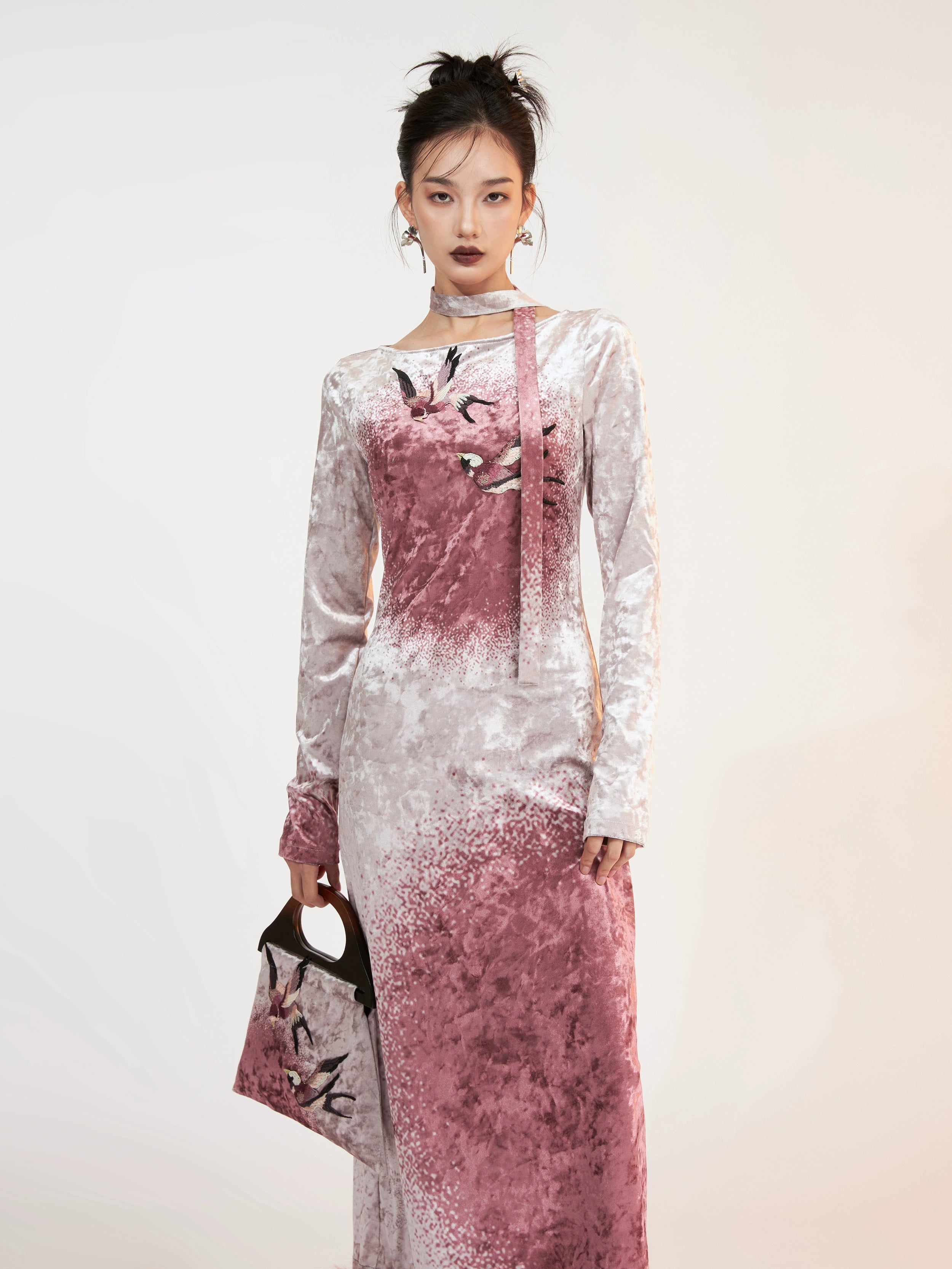 Fur Stitch Chinese Style Velvet Printing Long Dress