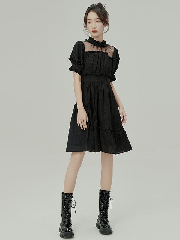 Jacquard Black Bow Asymmetric Dress