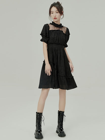 JACQUARD BLACK BOW asymmetric Dress