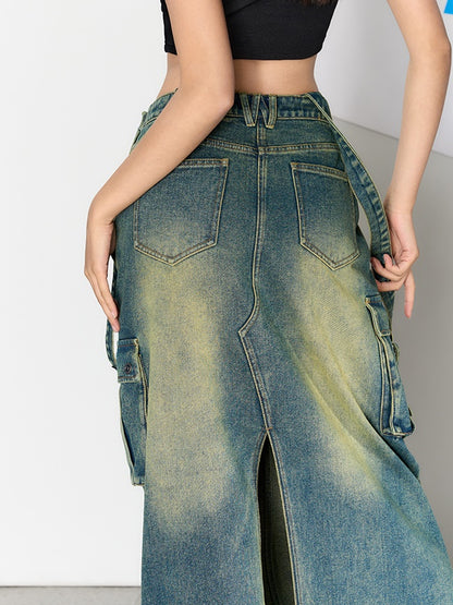 Washed Denim Tooling Suspenders Skirt