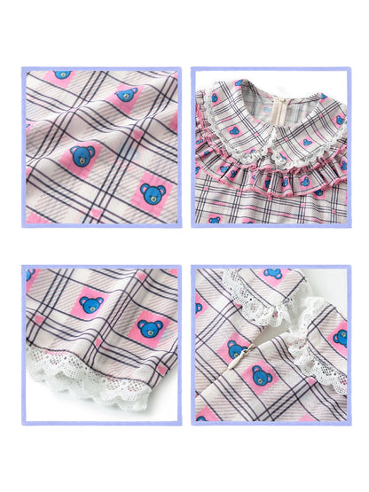 Plaid Bear Cartoon Doll Collar Lace Shirt