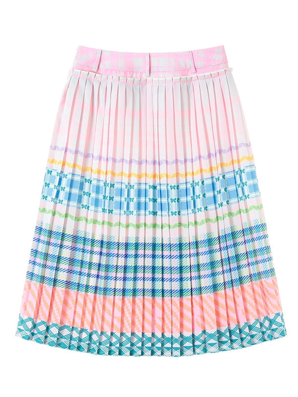 Macaron Check Striped Pattern Pleated Skirt