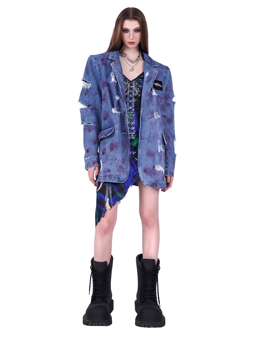 IRREGULAR SUPER HOLE SHOULDER PADS DENIM JACKET