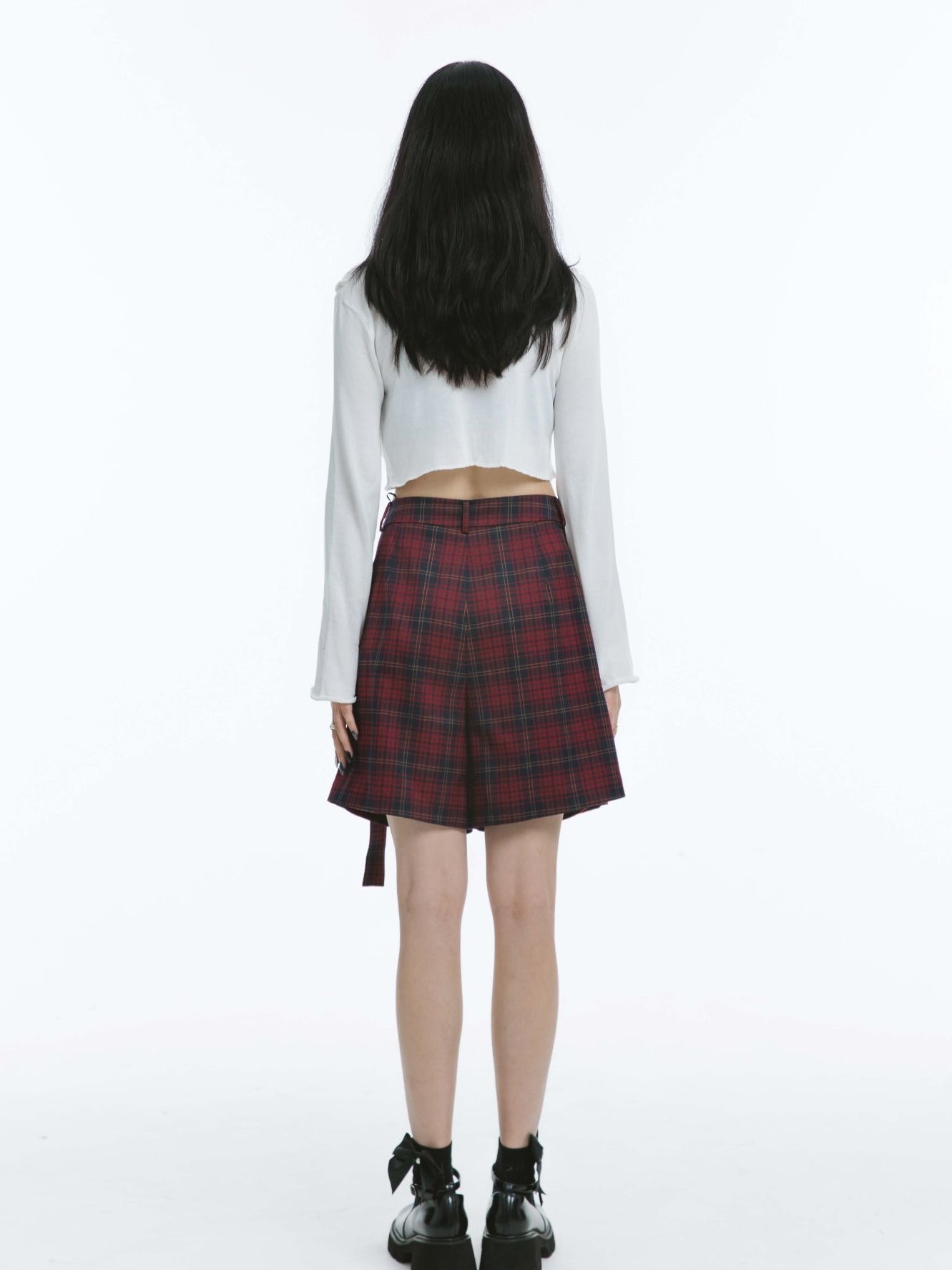 격자 무늬의 주름 짧은 대학 culottes