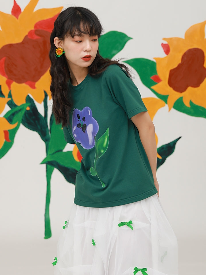 THREE-DIMENSIONAL FLOWER PRINTING T-SHIRT