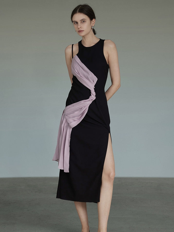 Stitching Sleeveless Slit Long Dress