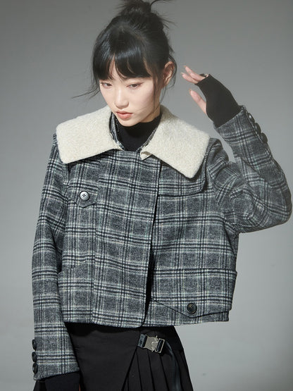 Grid-shaped Asymmetric Double-sided Short Jacket