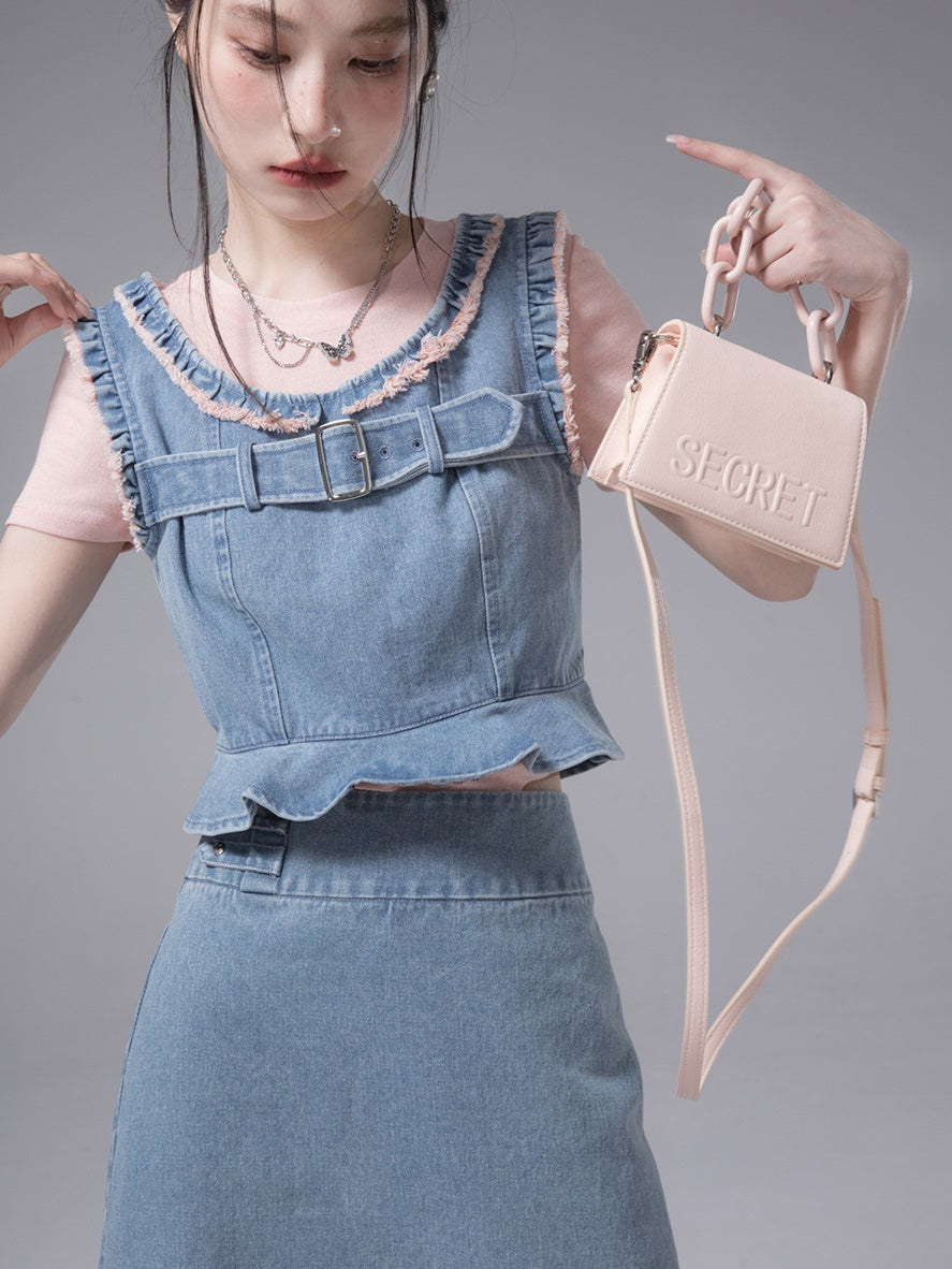 Denim Vest ＆ Skirt &amp; Bottoming T-shirt Set-up