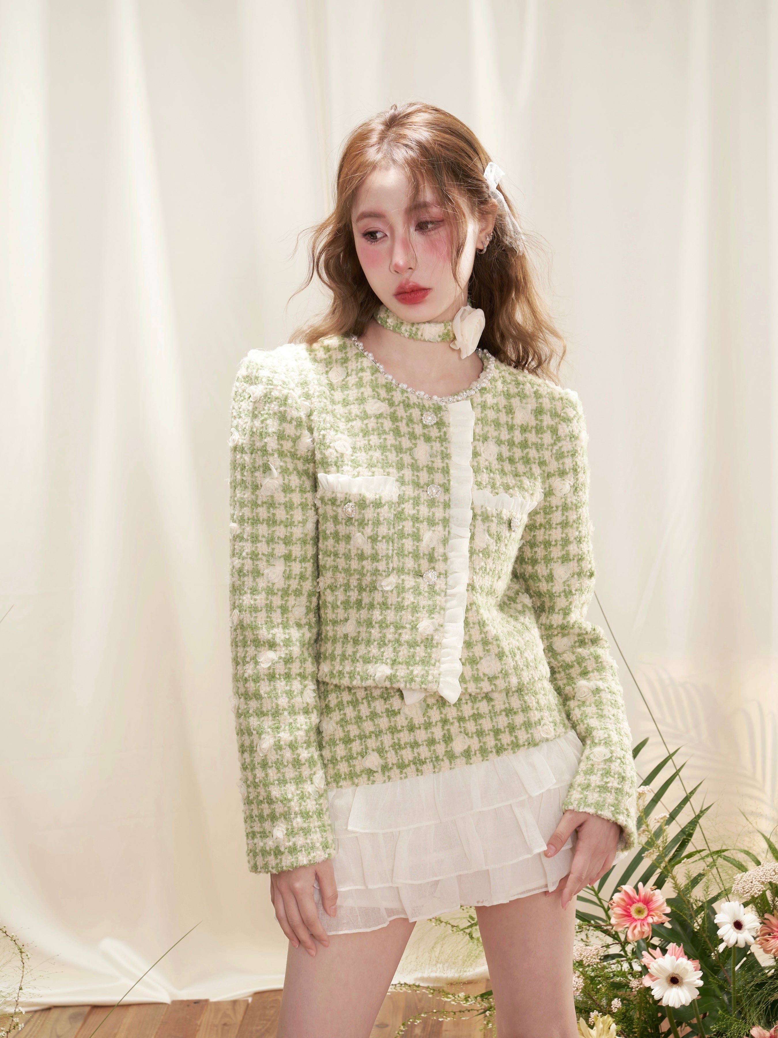 Three-dimensional Flower Fragrance Lace Jacket ＆ Cake Skirt