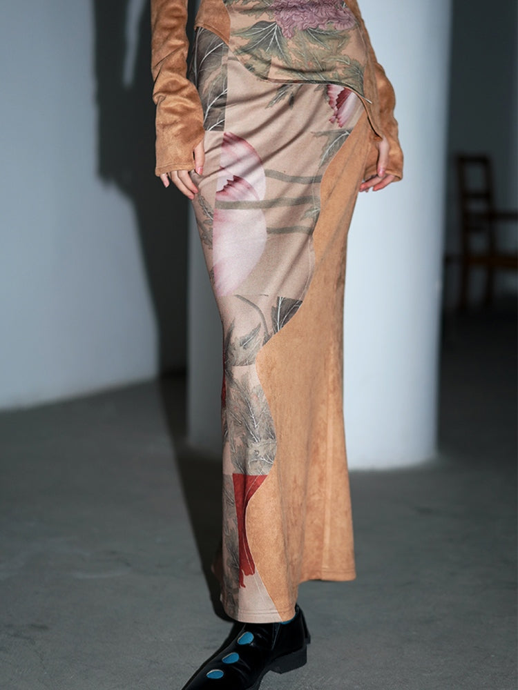 Suede Patch Print Long Skirt - badtaste – ARCANA ARCHIVE