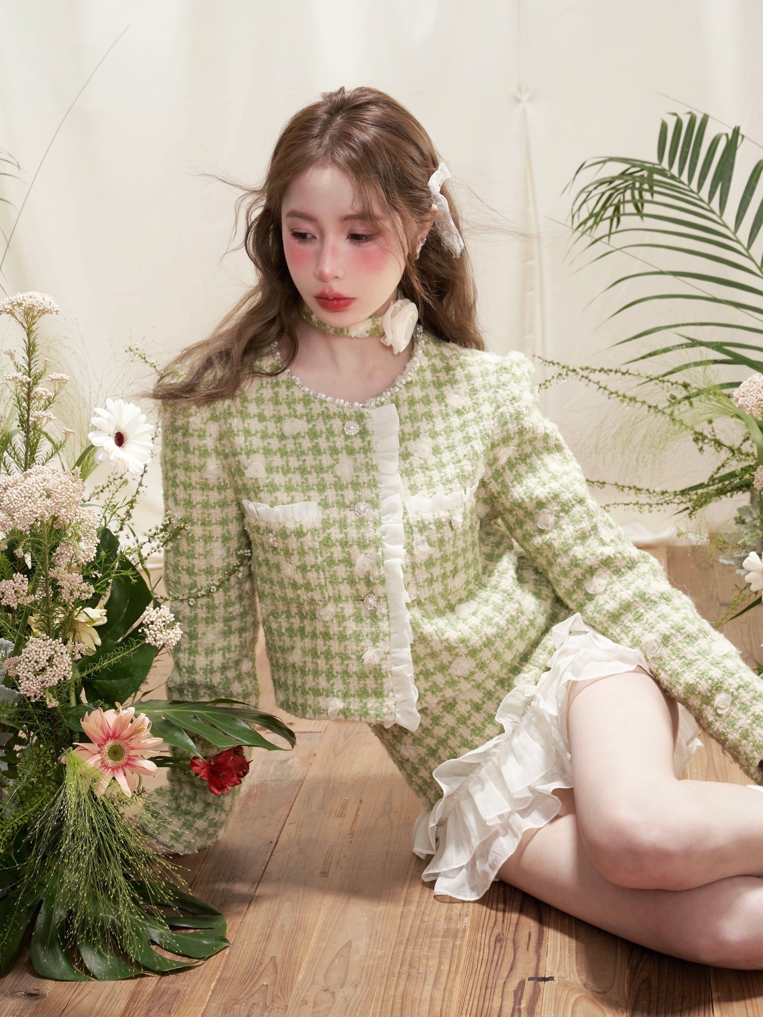 Three-dimensional Flower Fragrance Lace Jacket ＆ Cake Skirt