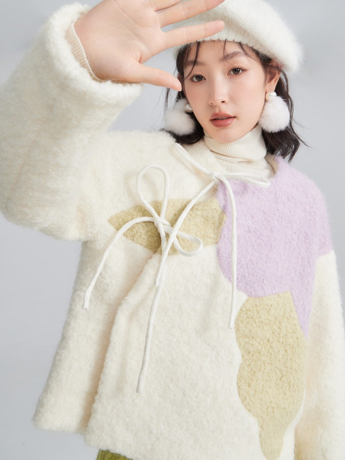 Contrast Color Peony Slanted Placket Heavy Woolen COAT